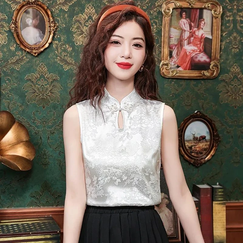 中式吊带背心女西装内搭夏季新款时尚提花无袖缎面打底衫外穿上衣