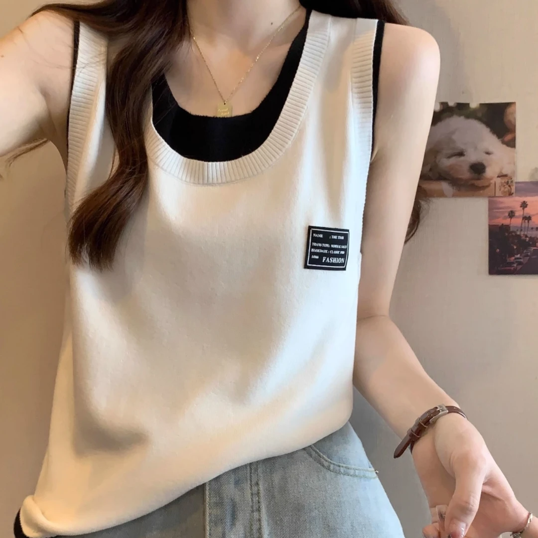 大码撞色假两件吊带背心女夏季胖mm显瘦遮肚拼接内搭外搭无袖上衣