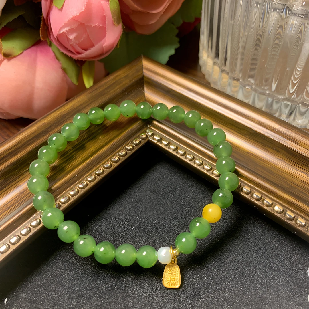 【悦已】和田玉碧玉纳福国风单圈玉手串
