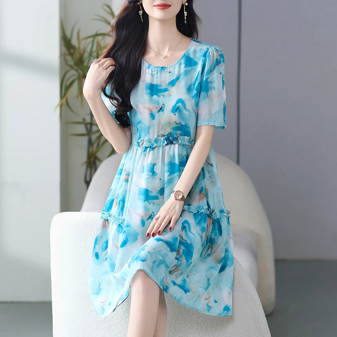 69498时尚真丝连衣裙裙子夏新大牌桑蚕丝遮肚子显瘦减龄裙