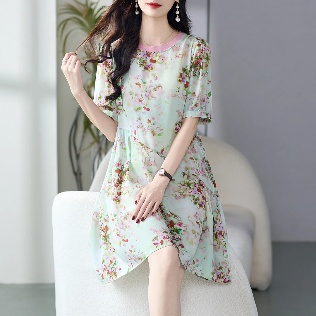 69507  小个子真丝桑蚕丝100%连衣裙女夏季新款高贵轻奢大码短裙