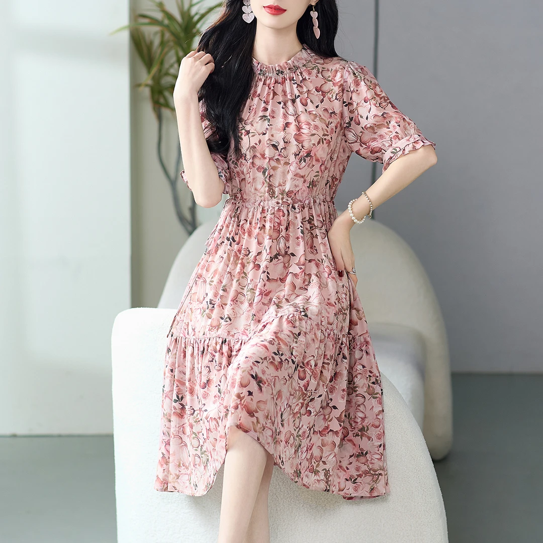 69467 妈妈法式茶歇碎花真丝连衣裙2024夏季新款大牌桑蚕丝遮肚子