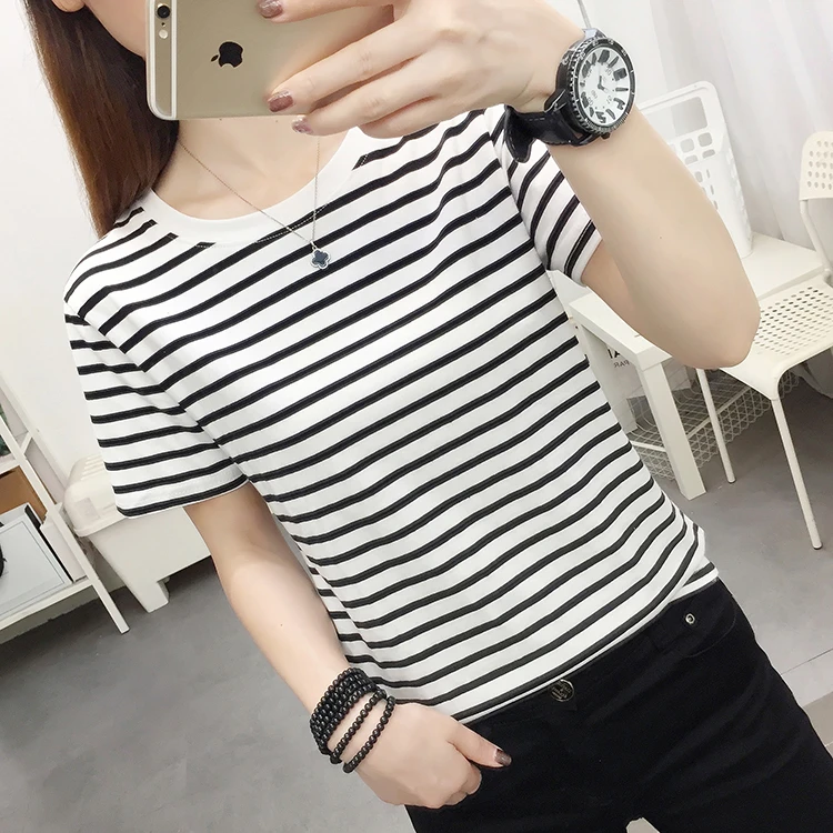 夏季新款短袖t恤女装宽松洋气百搭上衣遮肚藏肉纯棉条纹正肩半袖