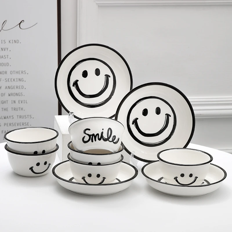 孟垣正版笑脸10件套家用陶瓷个性防烫吃饭釉下彩碗盘
