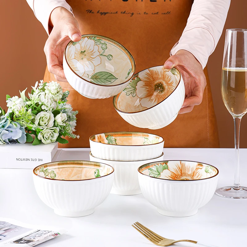 孟垣山茶花6个装4.5英寸饭碗家用餐具陶瓷釉下彩米饭碗吃饭碗