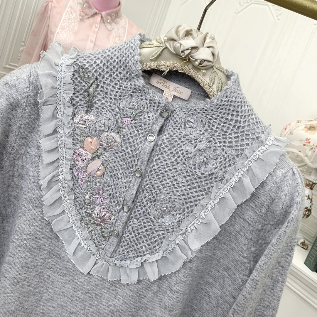 粉红家AMW9037春秋毛衫气质立领套头衫秋冬绣花打底