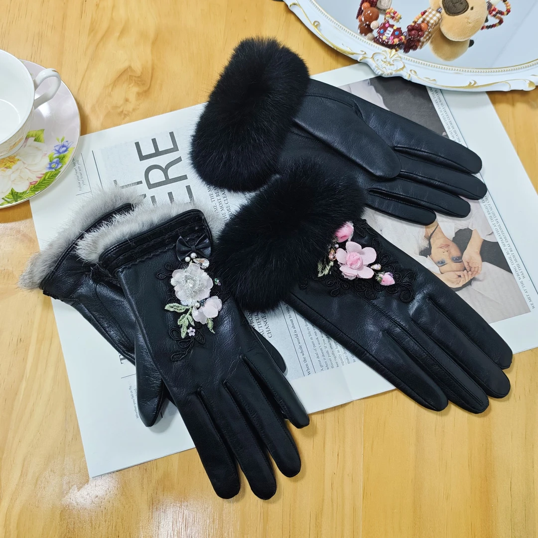 保暖手套冬季加厚女款时尚黑色毛绒秋冬季