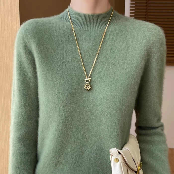 一线成衣半高领100%纯羊毛套头毛衣女秋冬宽松内搭针织打底羊毛衫