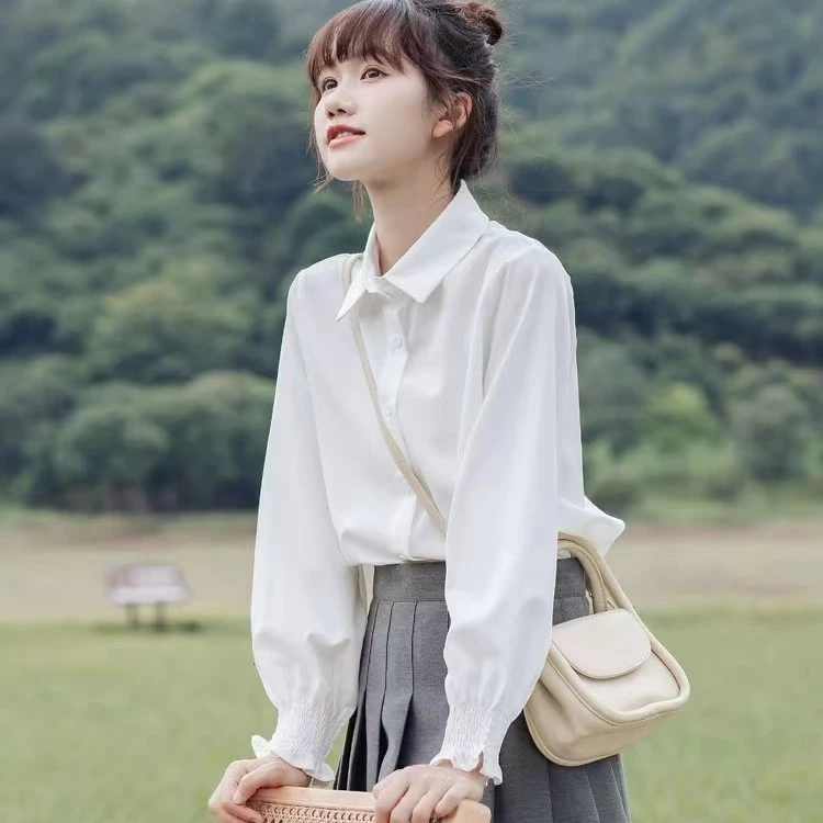 小清新甜美花边袖衬衫2024春秋新款时尚百搭宽松大码衬衫打底衫