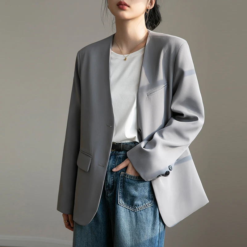 无领西装外套女新款韩版休闲英伦风小个子西服宽松气质设计洋气感