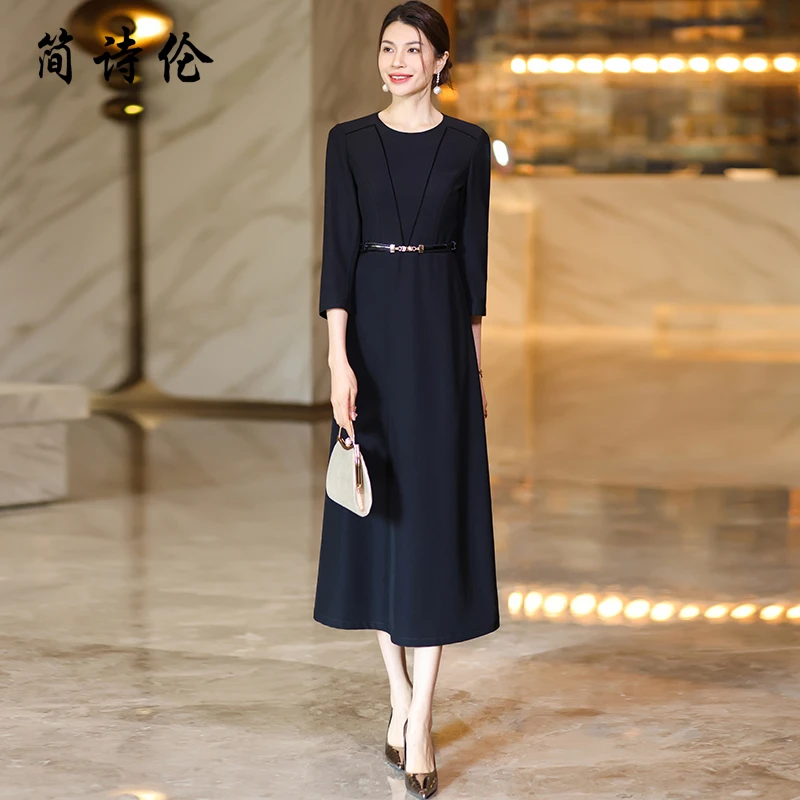 时尚设计感连衣裙女春季2025年新款时尚气质黑色气质显瘦中长款裙