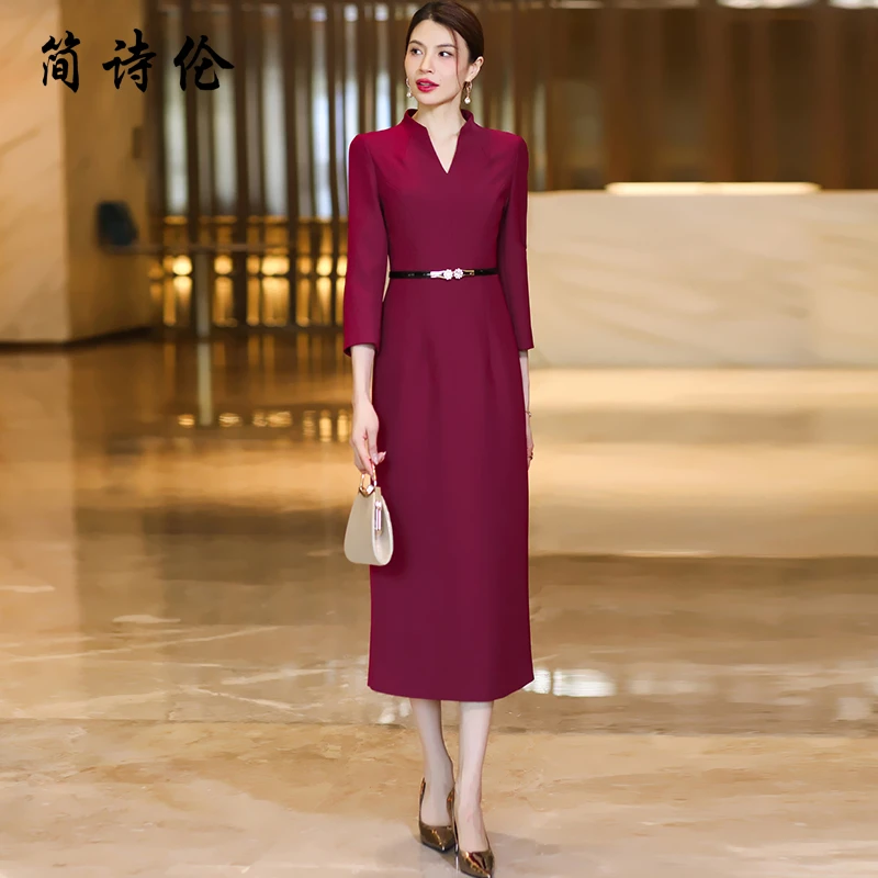 高级感轻奢连衣裙女2025年春秋新款酒红色喜婆婆婚宴装礼服裙