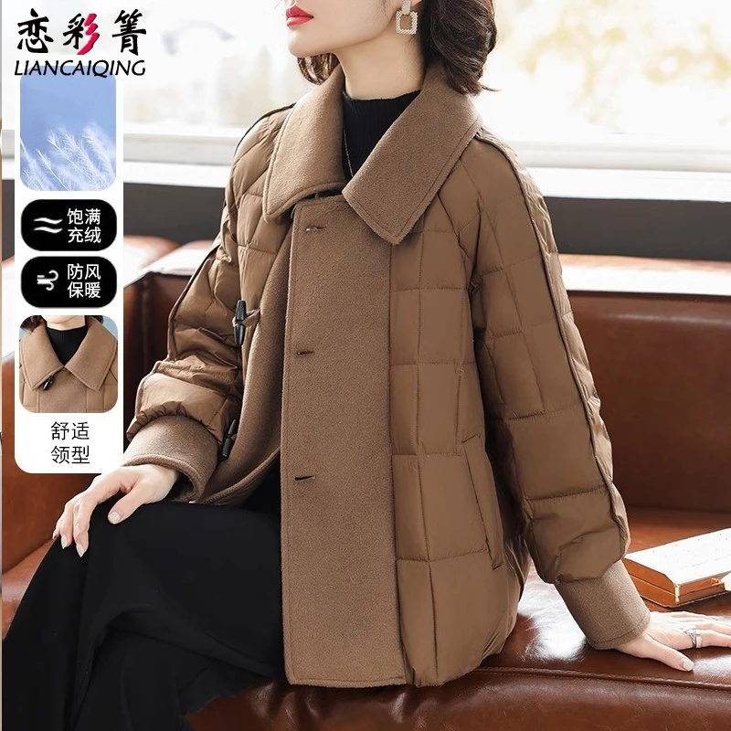 妈妈冬装短款保暖棉服拼接毛呢外套中年冬季加厚棉袄中老年女上衣