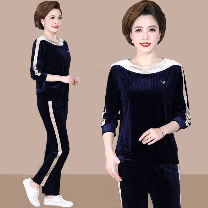 金丝绒套装女秋季新款妈妈装春秋阔腿裤洋气休闲运动服两件套卫衣