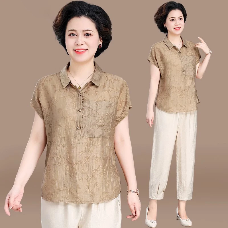 妈妈装夏装棉麻套装中老年夏季短袖衬衫小个子宽松休闲上衣两件套
