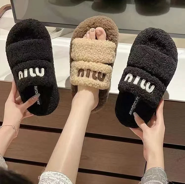 厚底毛毛拖鞋女2024秋季新款外穿时尚厚底网红防滑一字羊羔毛女拖