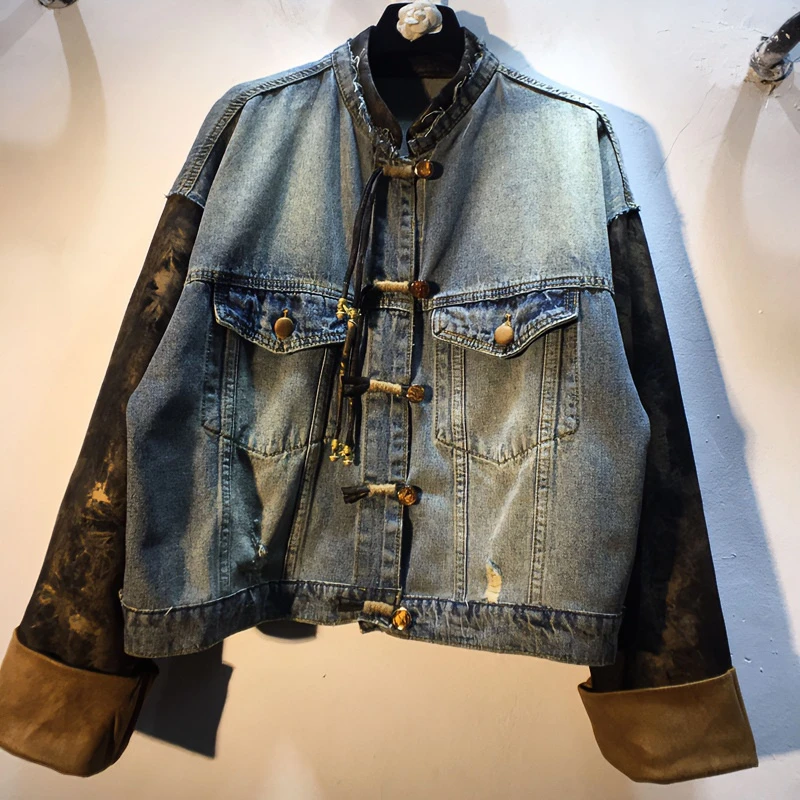 无衣门襟宽松牛仔春秋做旧休闲撞色打底衫上衣短款秋季不起球