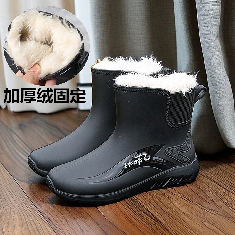 时尚加绒雨鞋男款胶鞋厚底轻便冬季短筒雨靴防水外穿防滑水鞋耐磨