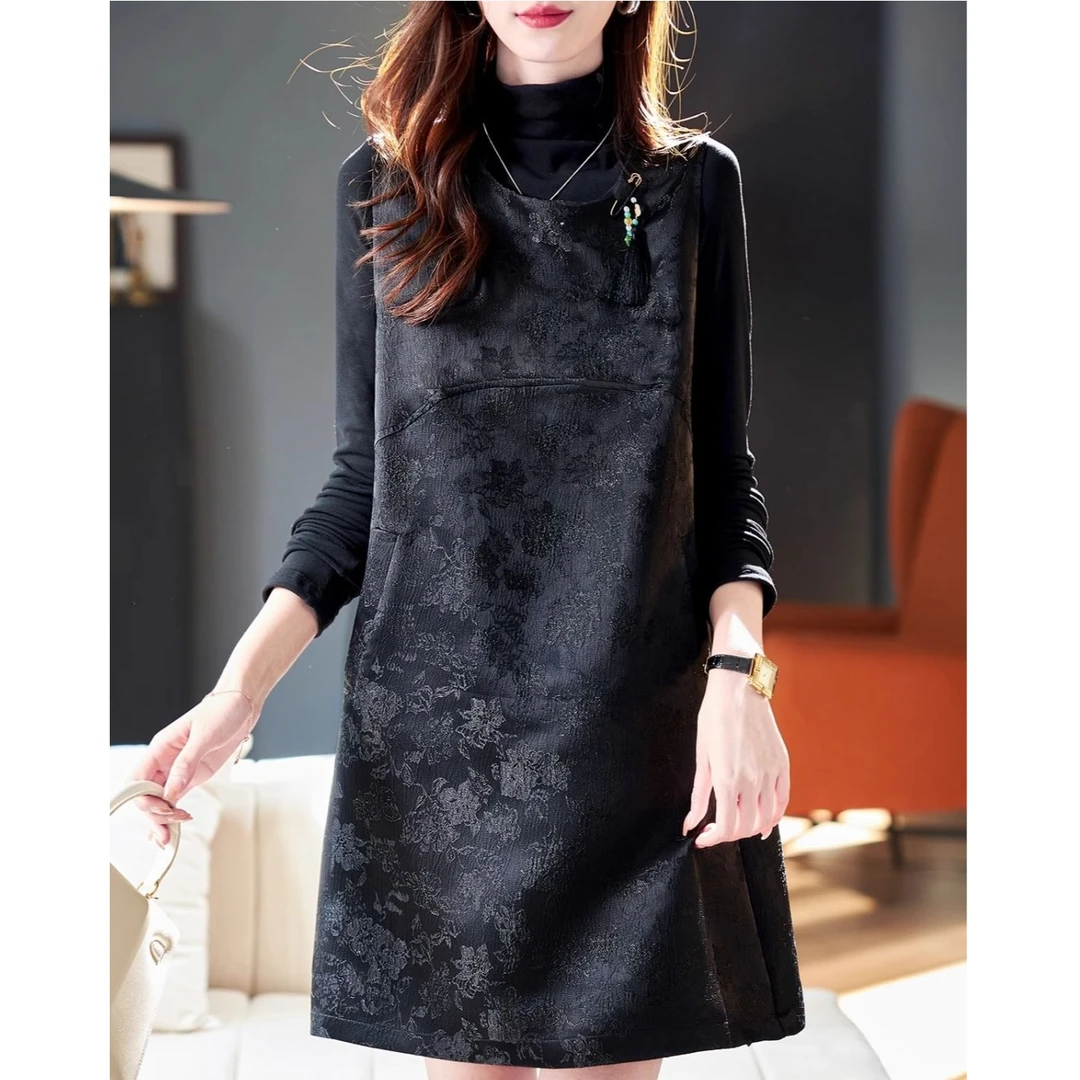 复古新中式圆领提花马甲背心裙2025秋百搭显瘦高级感无袖连衣裙女