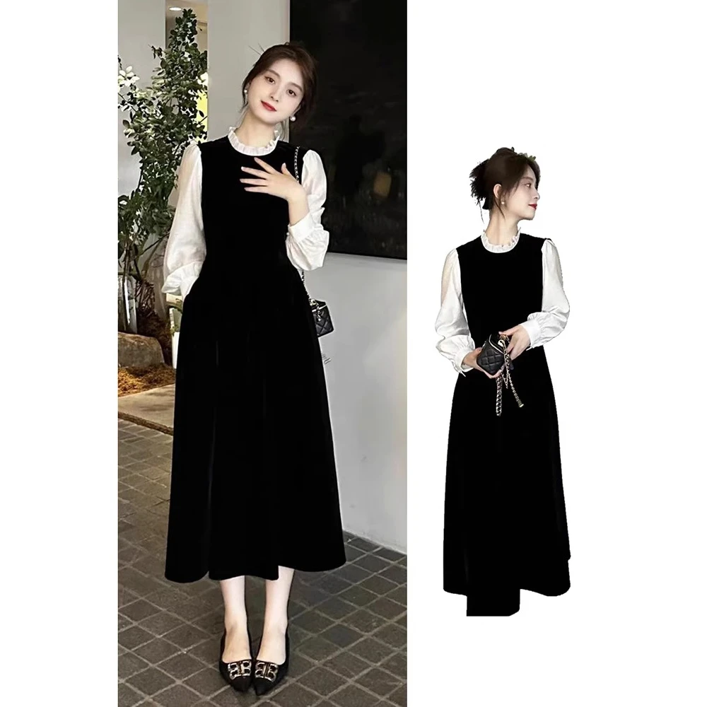 春秋微胖MM法式小香赫本风假两件套遮肚显瘦连衣裙子高级感小黑裙