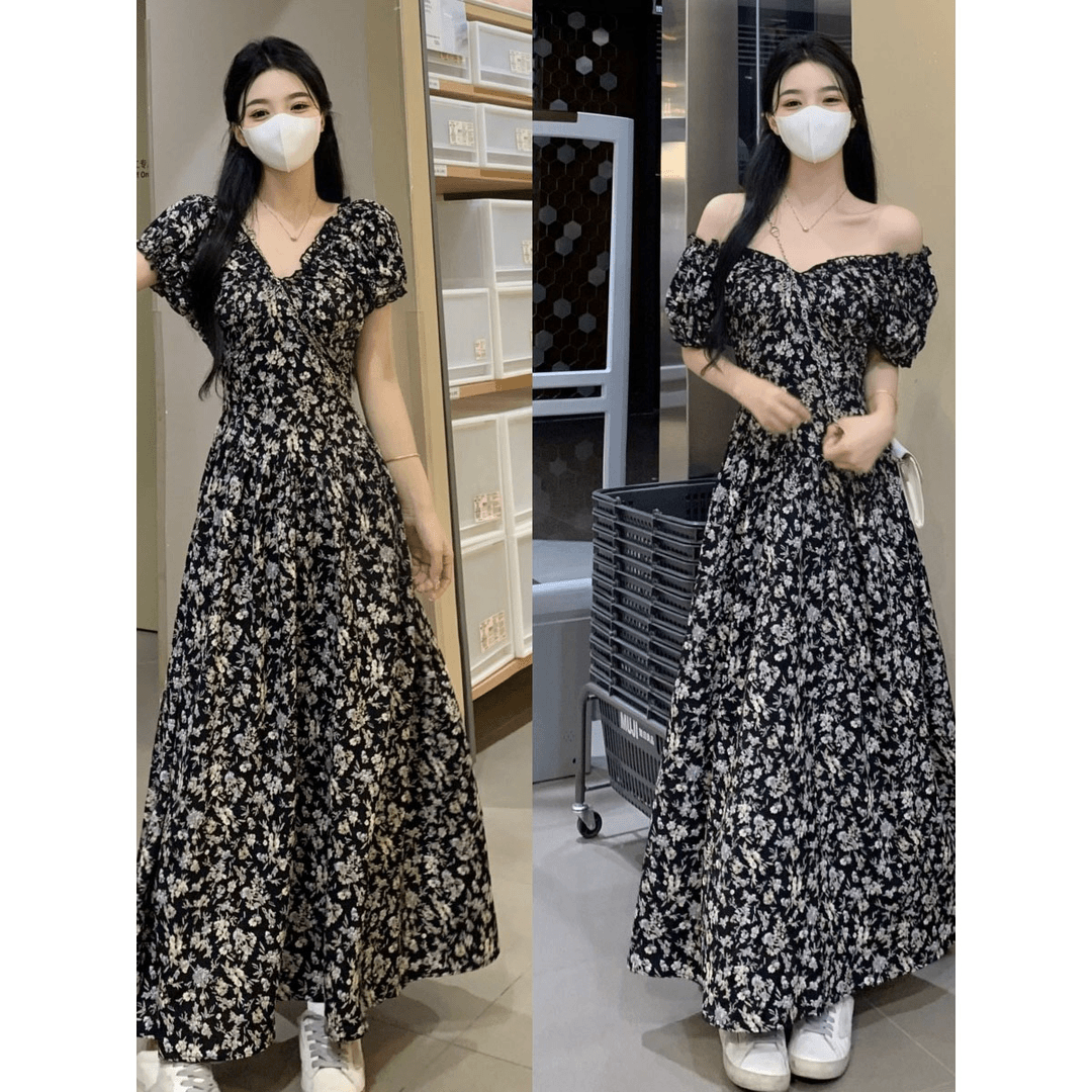 夏季新款法式复古碎花V领收腰显瘦连衣裙女大码胖mm时尚气质长裙