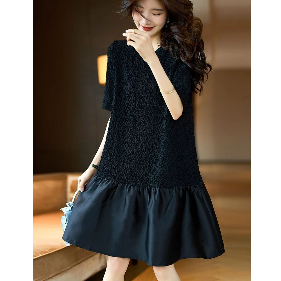 压皱拼接黑色百搭连衣裙女2025年春夏新款短袖a字裙欧式大码裙子