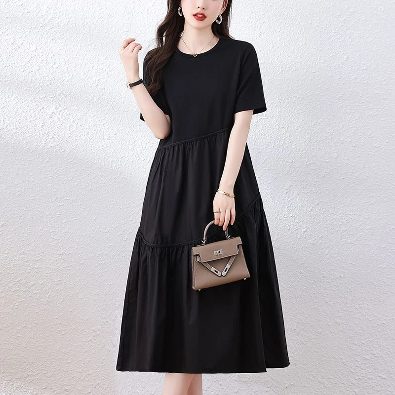 气质时尚法式大码连衣裙女2025夏季新款韩版宽松显瘦拼接小黑裙