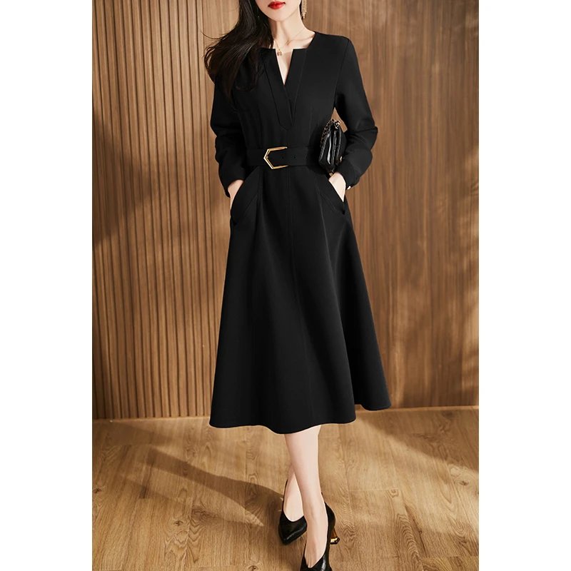 法式设计感v领七分袖连衣裙女2025春秋款大码通勤时尚中长款裙子