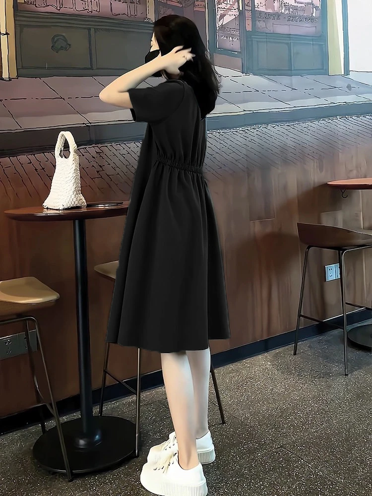 时尚宽松大码连衣裙女2025夏季新款胖MM收腰显瘦休闲短袖t恤