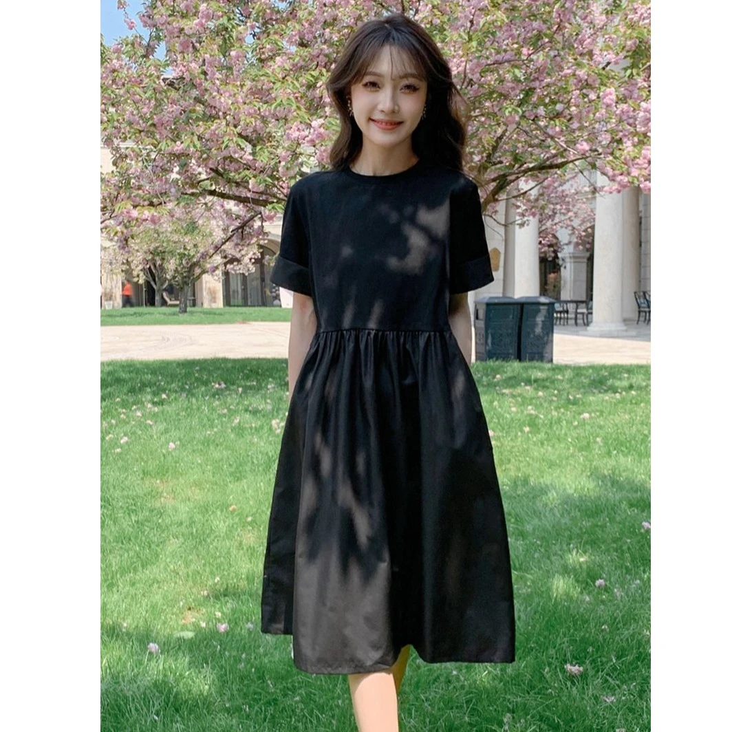 夏天舒适大码短袖t恤裙女2025新款设计感拼接气质显瘦休闲连衣裙