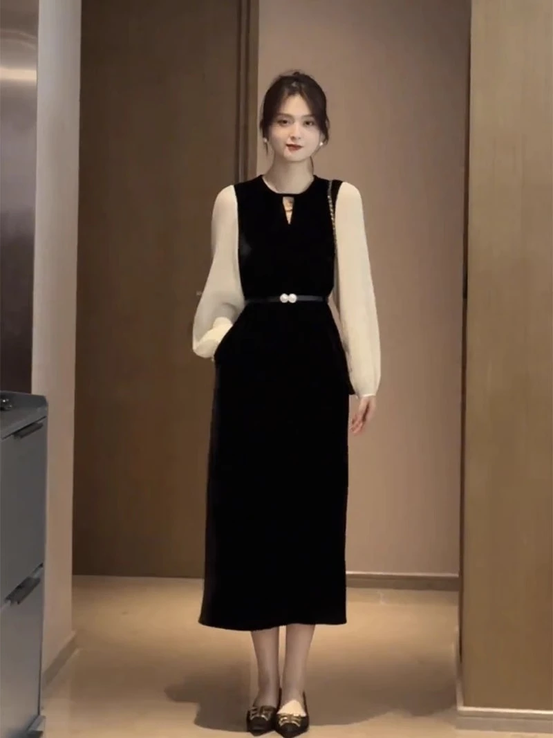 法式赫本风黑色假两件连衣裙女2024秋季新款高级感收腰显瘦长裙子