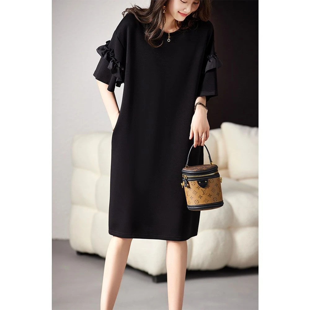 法式赫本风荷叶边大码连衣裙2025夏季新款胖mm时尚宽松显瘦裙子女