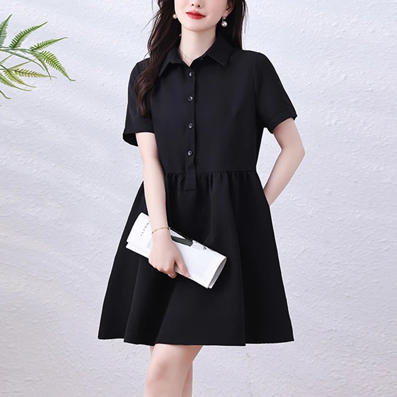 赫本风小黑裙2025夏季新款大码简约时尚减龄韩版标准短袖连衣裙女