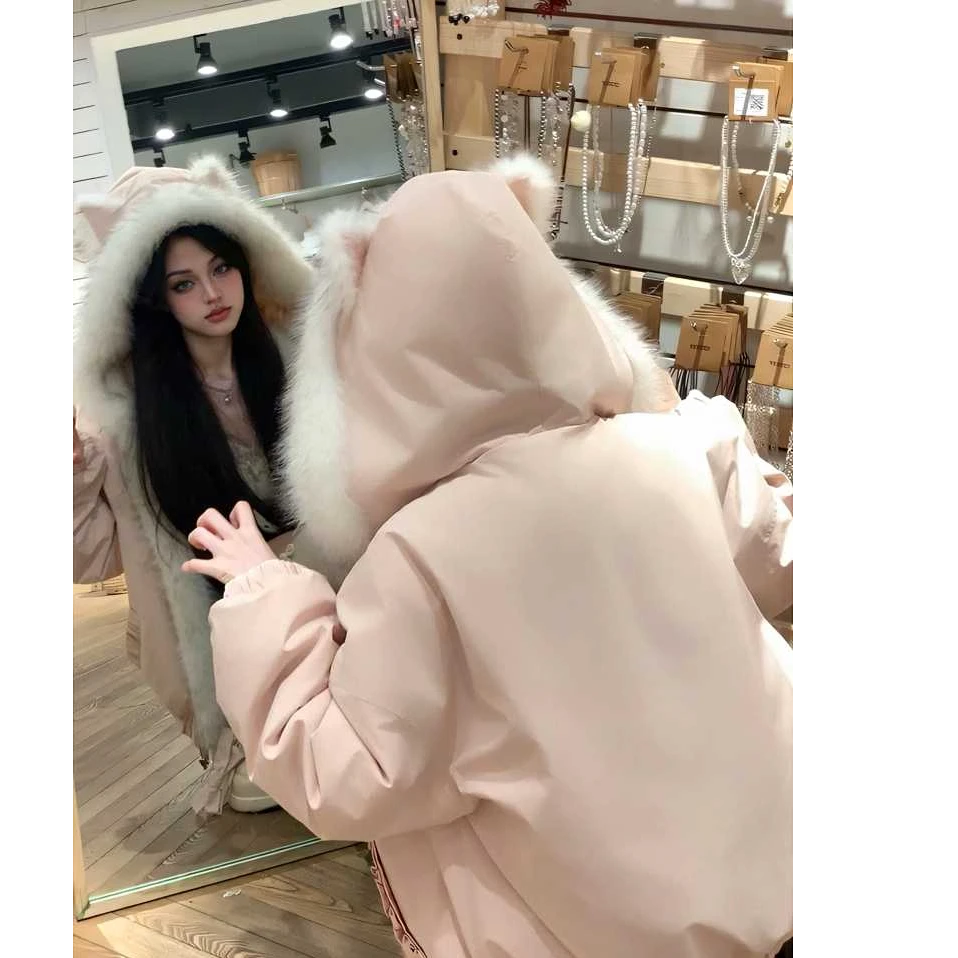 冬季两面穿座山雕仿狐狸毛毛耳朵领连帽棉服女粉色保暖加厚外套潮