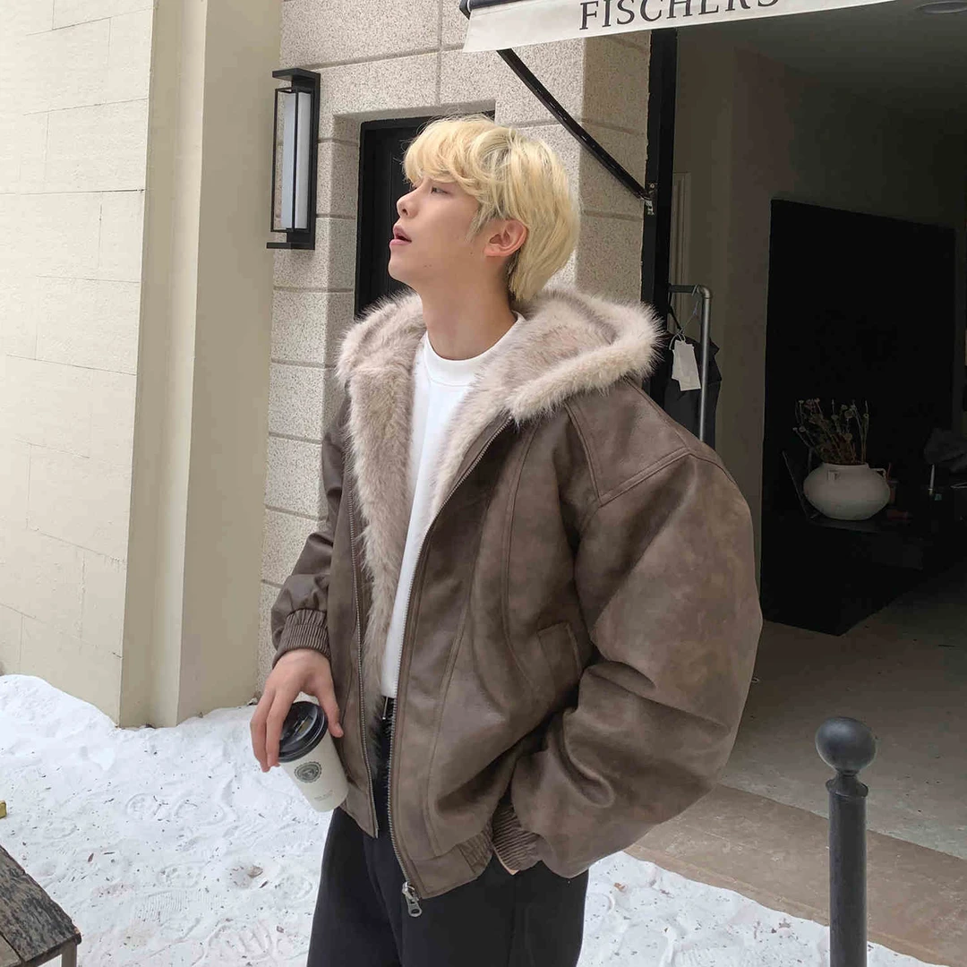 毛领美式复古座山雕连帽皮毛一体外套棉服男女宽松加厚短款棉衣潮