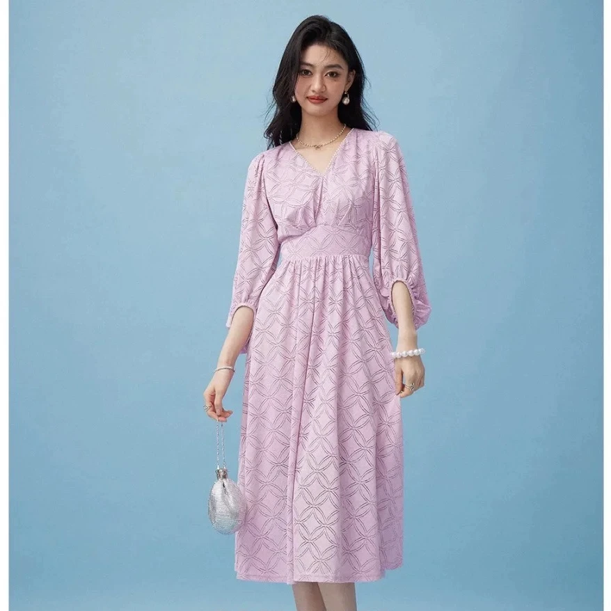 B1-79-9紫色欧货高品时尚蕾丝百搭薄款薄款宽松连衣裙