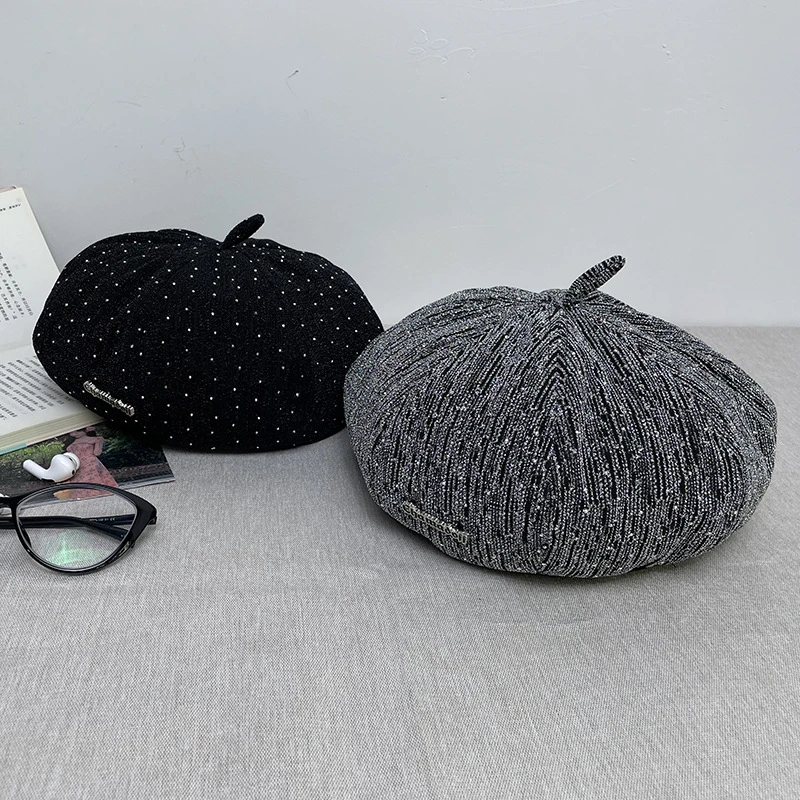 2024新款闪闪亮片满天星贝雷帽子女秋冬甜美显脸小大头围画家帽子