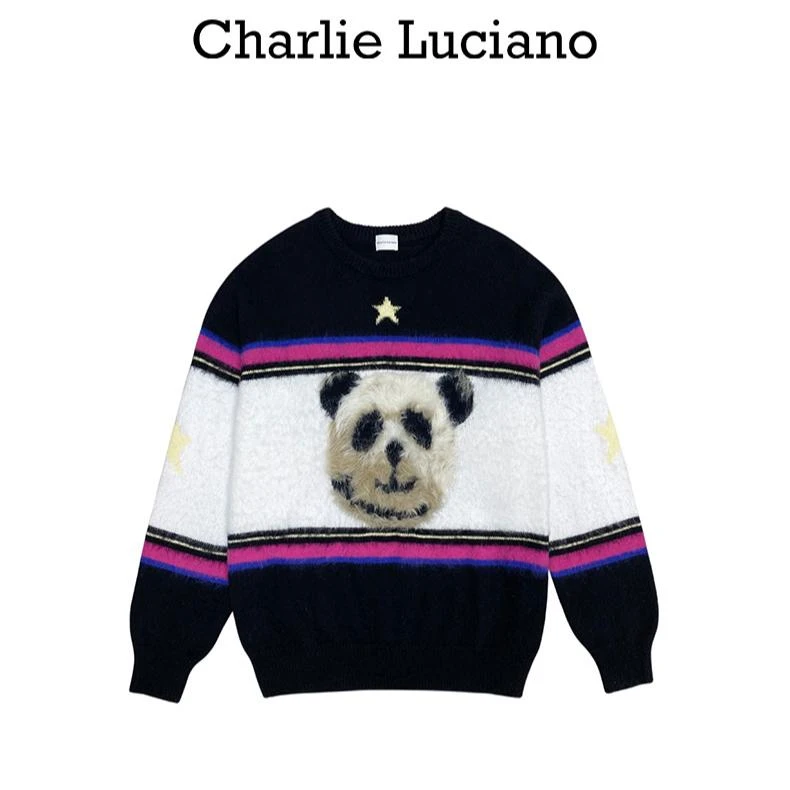Charlie Luciano熊猫图案毛衣2025春秋新款圆领套头撞色上衣男潮