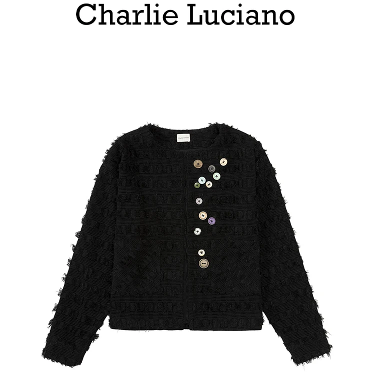 Charlie Luciano彩扣粗花呢无领夹克设计感潮牌小香风cl外套女