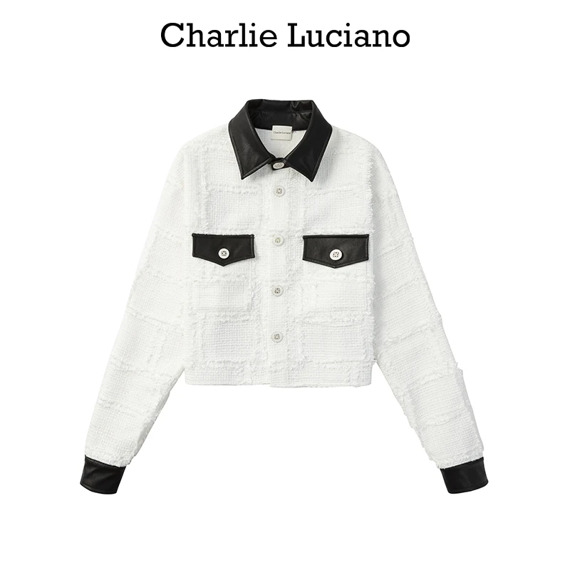 Charlie Luciano 小鹿卡通印花粗花呢长袖衬衫男女同款V