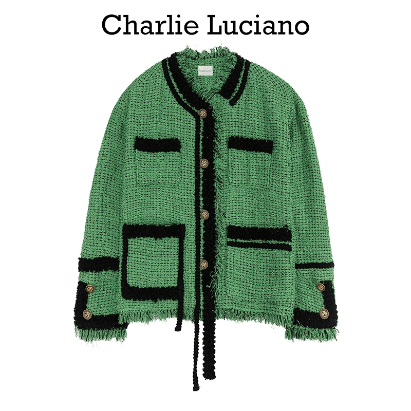 Charlie Luciano上衣女外套无领粗花呢夹克复古流苏小香风外套