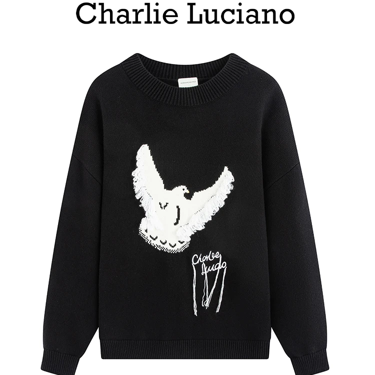 Charlie Luciano白鸽提花毛衣2025冬季新款圆领套头针织衫