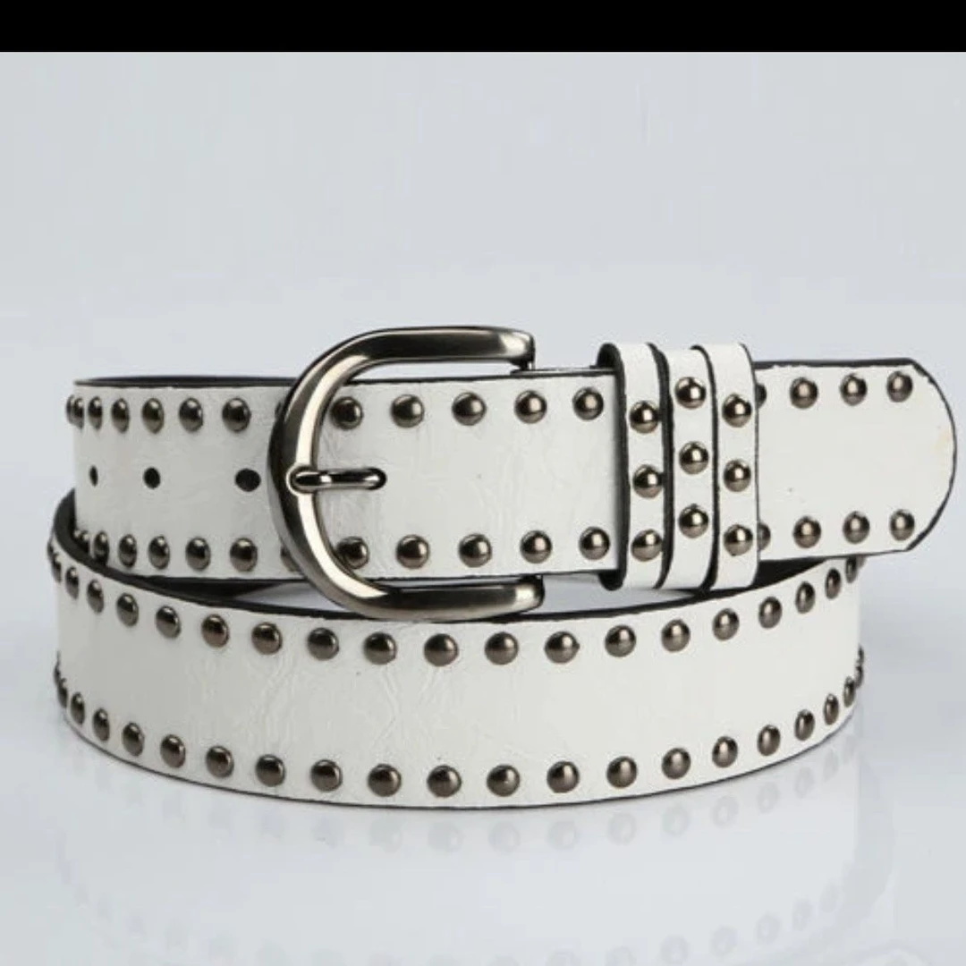 女士皮带朋克风嘻哈铆钉风百搭时尚女士腰带白色皮带辣妹个性潮