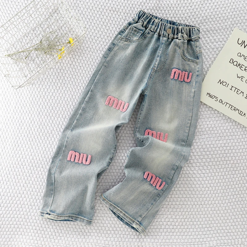 女童牛仔裤春秋款2025新款中大童休闲毛巾绣牛仔老爹裤女孩春季潮