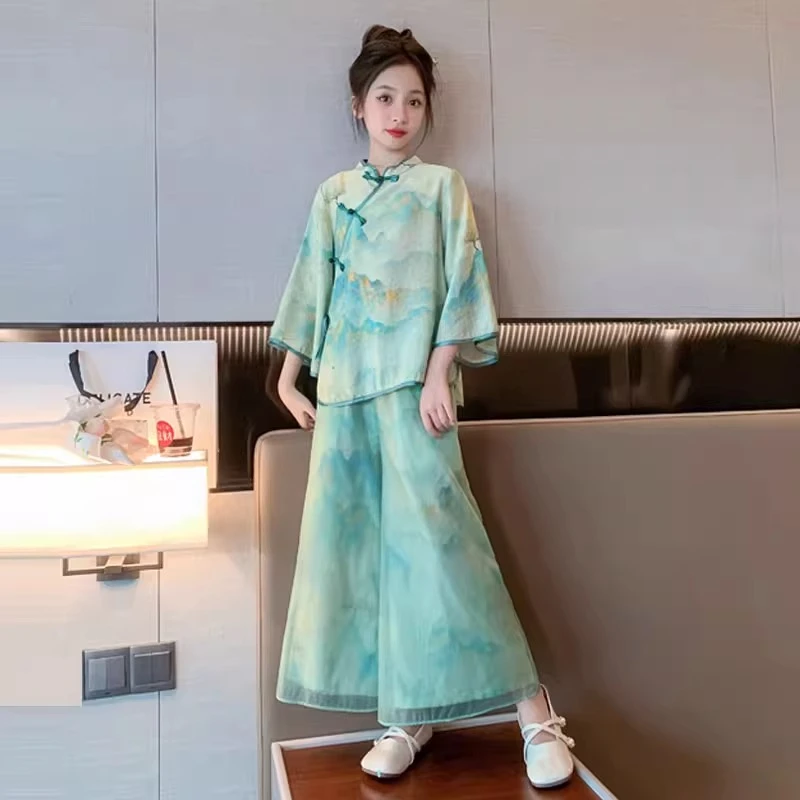 女童新中式国风裙子2024新款儿童改良汉服春秋女孩水墨画夏款套装