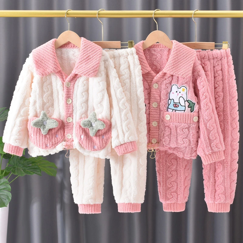 女童睡衣儿童秋冬珊瑚绒加厚款套装女孩洋气卡通法兰绒大童家居服