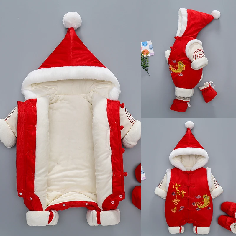 婴儿冬季加厚连体衣宝宝拜年喜庆新年保暖男女哈衣新生儿外出服