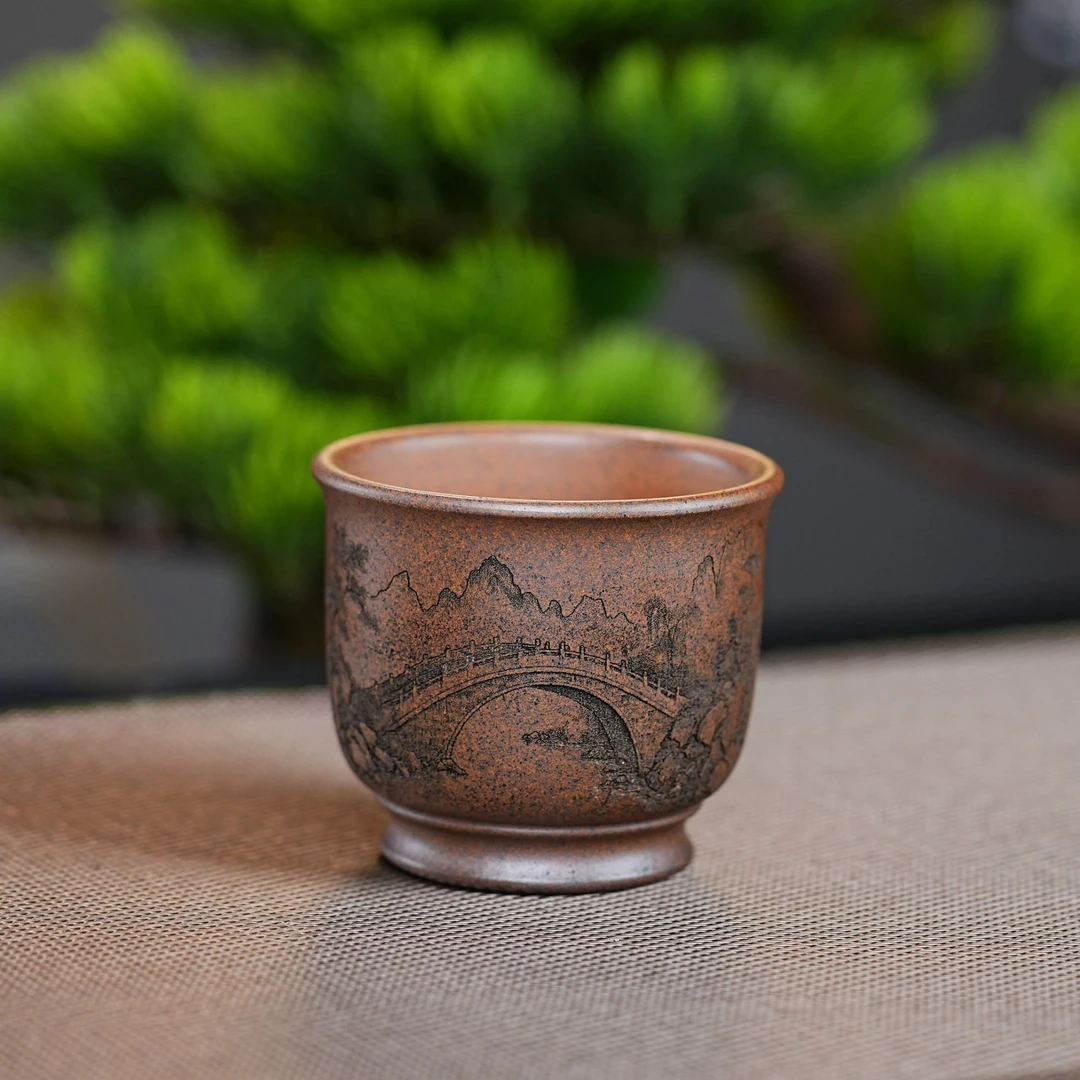 宜兴原矿龙骨金砂手工刻绘小桥流水紫砂主人杯品茗杯茶具杯217