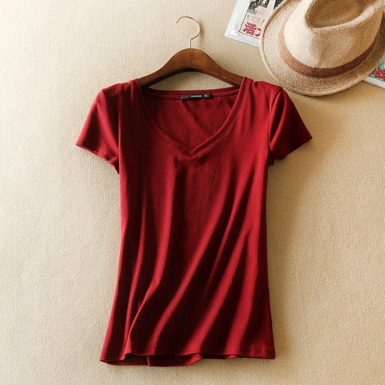5232 V领修身女士T恤批发 纯色弹力舒适运动女装短袖上衣
