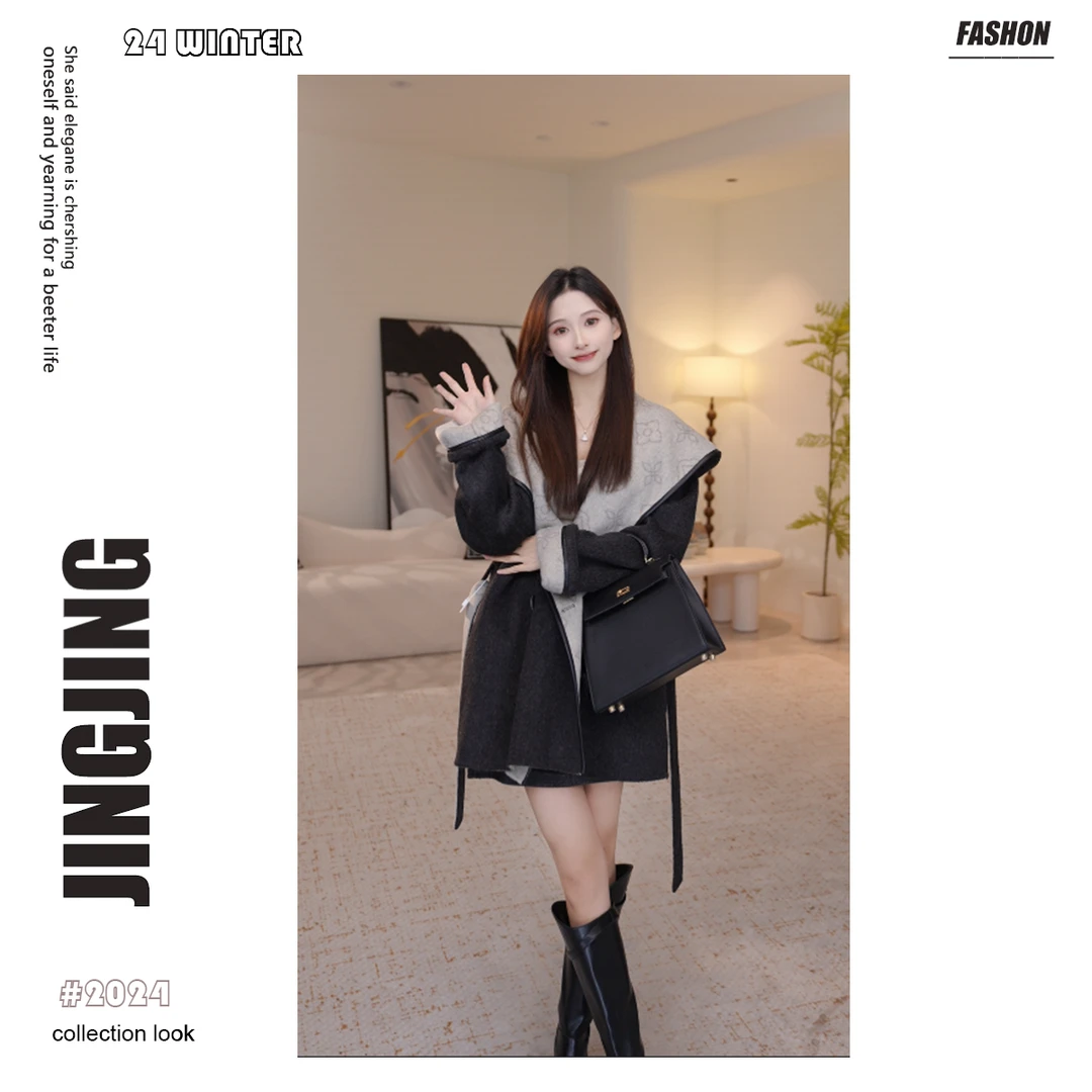 【婧婧】MAISHANG老花双面呢外套女慵懒连帽系带大衣28D208